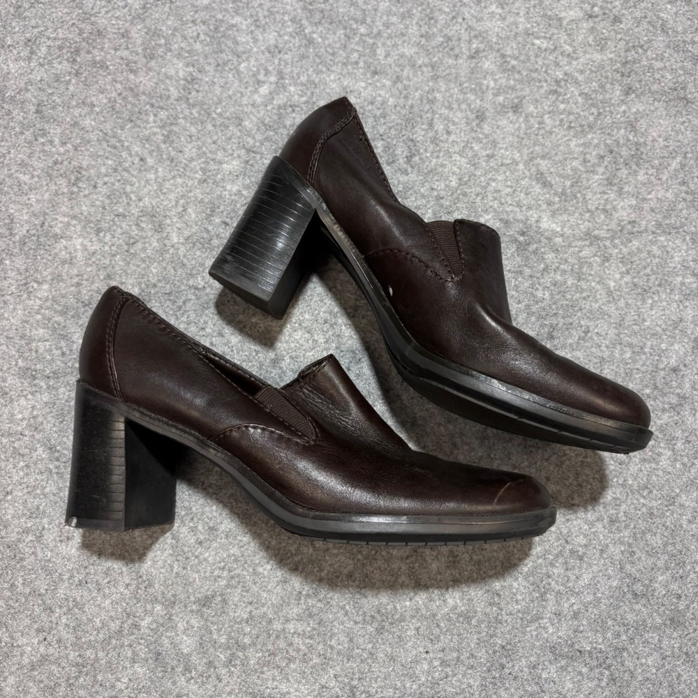 Bass Universe Brown Leather Block Heel Loafers Square Toe Slip On Shoes W8594-1